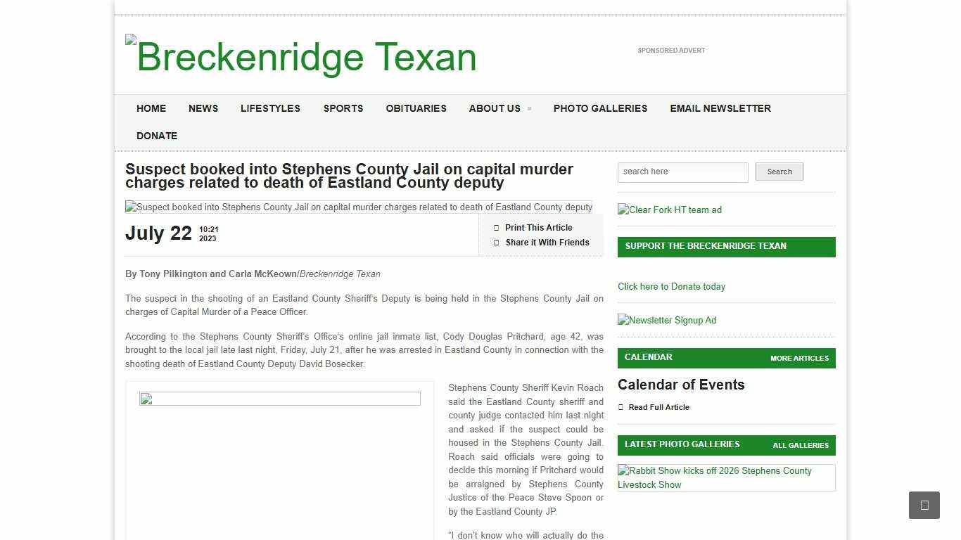 Suspect booked into Stephens County Jail on capital murder charges related to death of Eastland County deputy - Breckenridge Texan